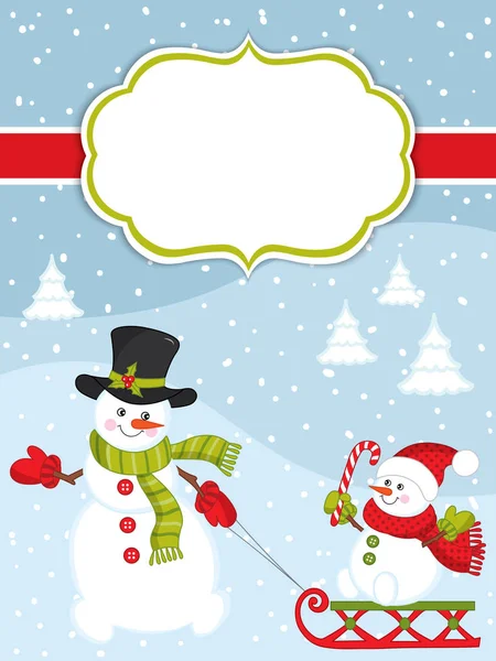 Vetor de Natal e modelo de cartão de Ano Novo com bonecos de neve no fundo da neve. Vector boneco de neve . —  Vetores de Stock