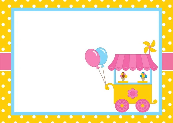 Modèle de carte vectorielle avec kiosque à crème glacée sur fond à pois. Modèle de carte pour les anniversaires des enfants . — Image vectorielle