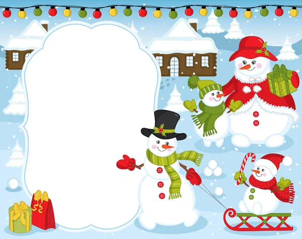 Vector Christmas and New Year card template with snowmen on snow background. Vector snowman. — Stock Vector