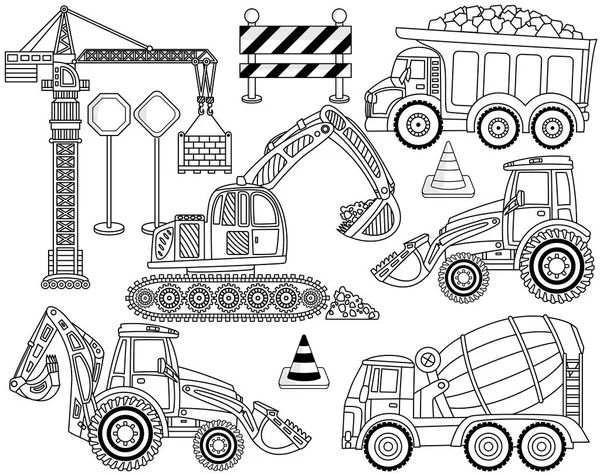 Il set di trasporto per costruzioni vettoriali comprende gru, miscelatore di calcestruzzo, escavatore, bulldozer, scavatore e trattore. Macchine edili . — Vettoriale Stock