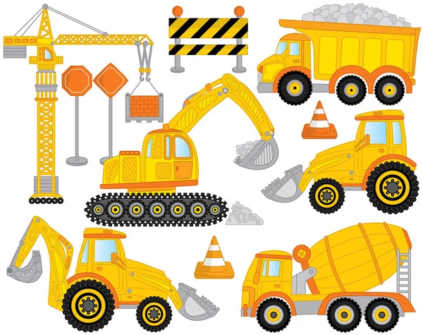 Conjunto de transporte de construcción vectorial incluye grúa, hormigonera, excavadora, excavadora, excavadora y tractor. Máquinas de construcción . — Vector de stock