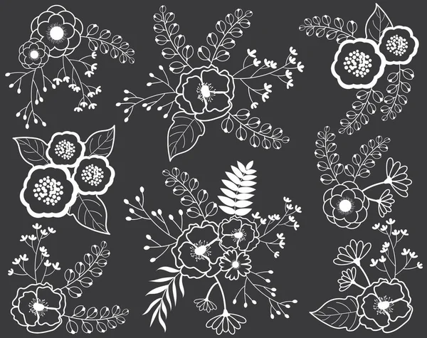 Vector Floral Bouquets on Chalkboard. Black and White Flowers on Blackboard Background. — Stock Vector
