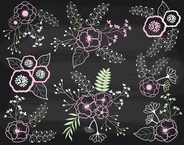 Vector Floral Bouquets on Chalkboard. Pastel Flowers on Blackboard Background. — Stock Vector