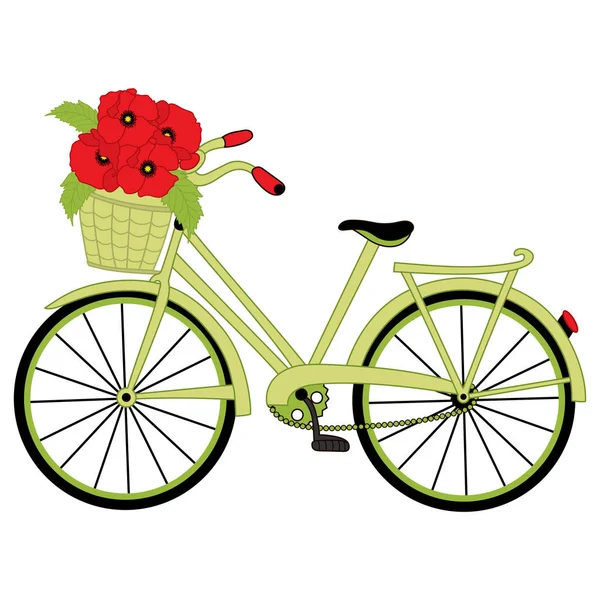Vector Bicycle with Floral Basket. Vector Basket with Poppies. Poppy Vector Illustration. — Stock Vector