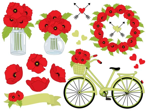 Vector Floral Set com papoilas, grinalda, maçom Jar, bicicleta com cesta. Poppy Vector Ilustração . —  Vetores de Stock