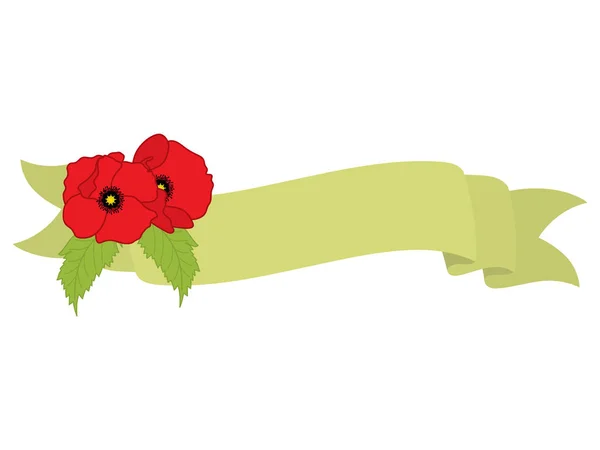 Vector groen lint met papavers. Klaproos vectorillustratie. — Stockvector