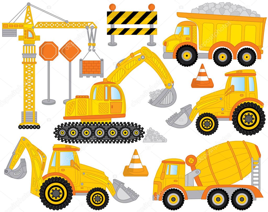 Vector Construction Transport Set Includes Crane, Concrete Mixer, Excavator, Bulldozer, Digger and Tractor. Construction Machines.