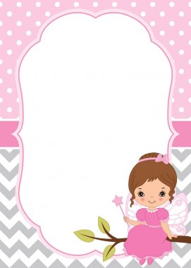 Sevimli küçük peri Polka Dot ve Chevron arka plan üzerinde vektör kartı şablonu. Vektör peri. Vektör çizim.