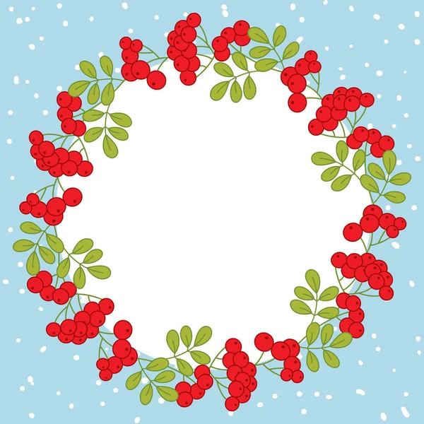 Plantilla de tarjetas de Navidad y Año Nuevo vectorial con corona y bayas rojas sobre fondo de nieve. Plantilla de tarjeta para Navidad y Año Nuevo. Corona de Navidad vectorial . — Vector de stock