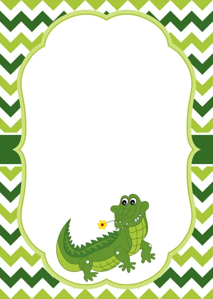 Vector Card Template with Cute Crocodile on Chevron Background.  Vector Crocodile. — Stock Vector