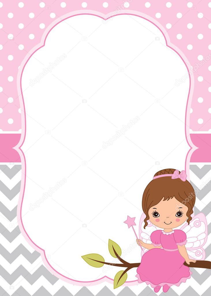 Vector Card Template with Cute Little Fairy on Polka Dot and Chevron Background. Vector Fairy.  Vector illustration.