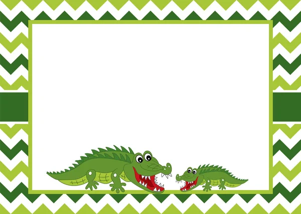 Vektor kort mall med söta krokodiler på Chevron bakgrund. Vector krokodil. — Stock vektor