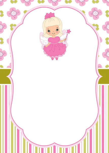 Templat Vector Card dengan Cute Little Fairy di Floral dan Striped Background. Vector Fairy. Ilustrasi vektor . - Stok Vektor
