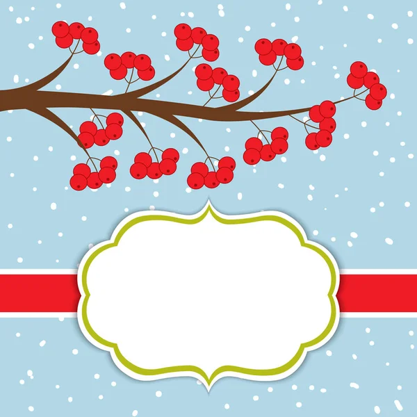 Plantilla de tarjetas de Navidad y Año Nuevo vectorial con sucursal y bayas rojas sobre fondo de nieve. Plantilla de tarjeta para Navidad y Año Nuevo. Ilustración vectorial . — Vector de stock