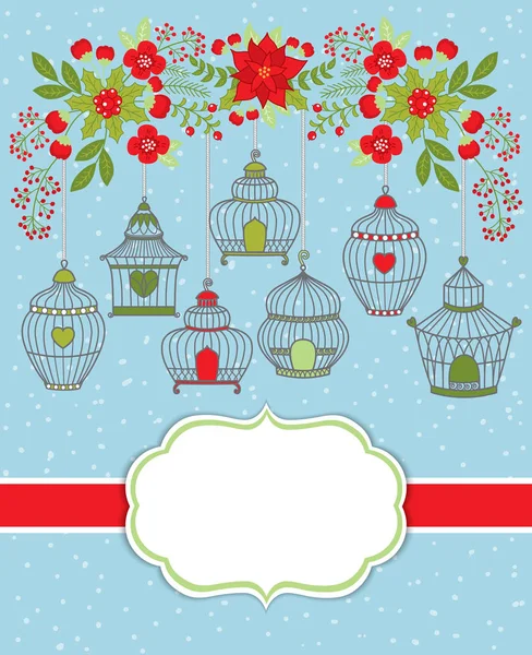 Plantilla de tarjetas de Navidad y Año Nuevo con jaulas para pájaros y rama floral. Jaulas para pájaros y ramos florales navideños Vector Illustration . — Vector de stock