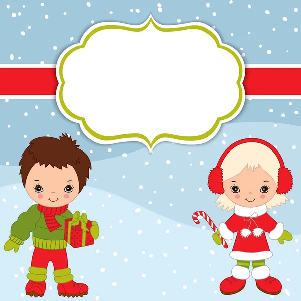 Plantilla de tarjetas vectoriales de Navidad y Año Nuevo con lindos niños pequeños. Plantilla de tarjeta de Navidad y Año Nuevo . — Archivo Imágenes Vectoriales