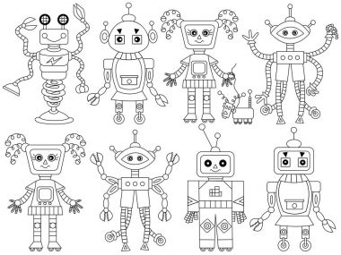Vektör siyah ve beyaz sevimli robotlar ayarlayın. Robotlar vektör çizim.