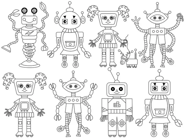 Vector negro y blanco lindo conjunto de robots. Robots Vector Ilustración . — Vector de stock