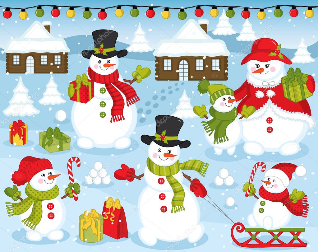 Vector Snowman Family on Snow Background. Christmas and New Year Vector Illustration.