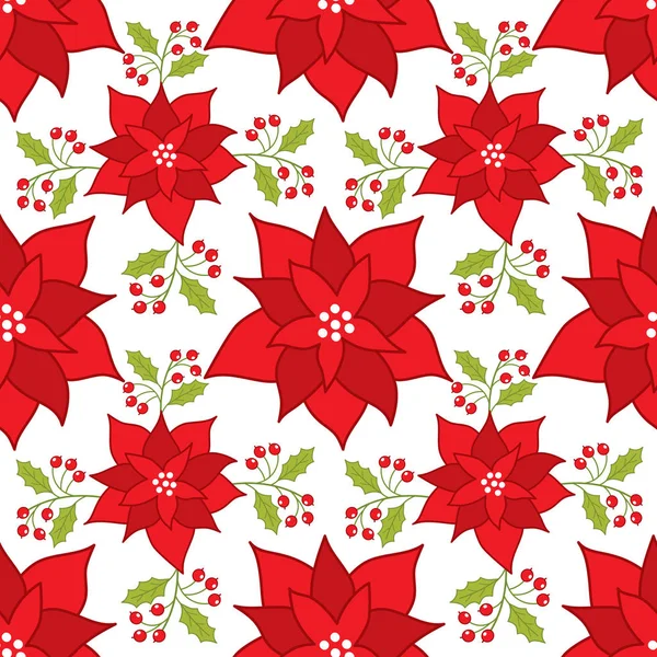 Vector Natal e Ano Novo Padrão sem costura com Poinsettia e Holly. Poinsétia vetorial com bagas vermelhas . — Vetor de Stock