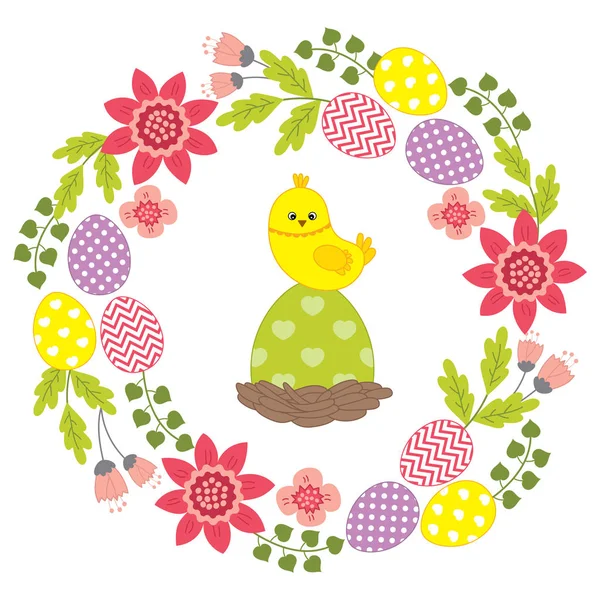 Vector Easter Wreath with Flowers and eggs and Chicken in the Middle. — Stock Vector