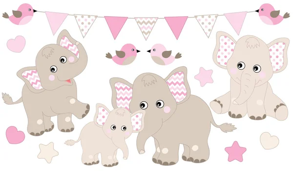 Cute Elephants Set. Vector Elephant Illustration for Baby Girl Shower. Vector Baby Elephant. — Stock Vector