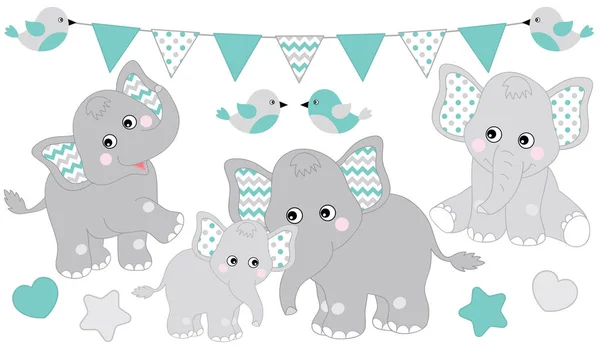 Cute Elephants Set. Vector Elephant Illustration for Baby Boy Shower. Vector Baby Elephant. — Stock Vector