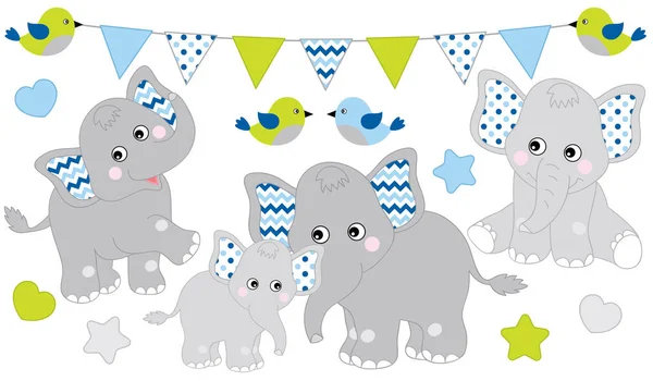 Söta elefanter Set. Elephant vektorillustration för Baby Boy Shower. Vector Baby elefant. — Stock vektor