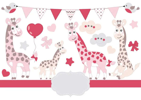 Set de vectores para Baby Girl Shower. Bebé jirafa vector ilustración . — Archivo Imágenes Vectoriales