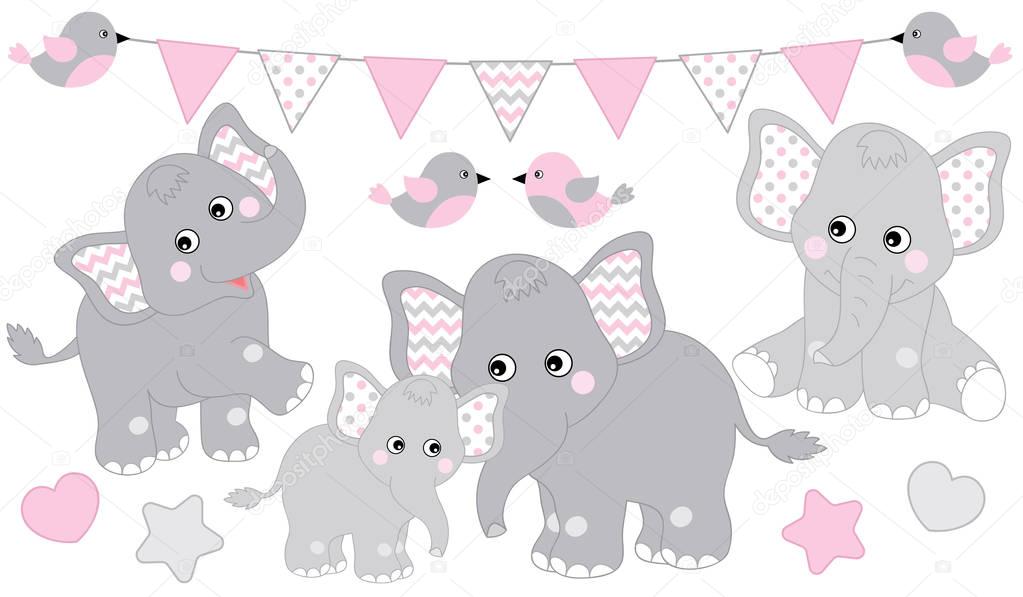 Cute Elephants Set. Vector Elephant Illustration for Baby Girl Shower. Vector Baby Elephant. 