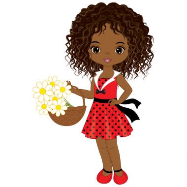 Vektör sevimli küçük Afrikalı-Amerikalı kız ile çiçek sepeti