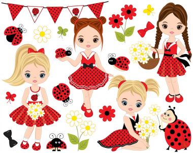 Vektör Set sevimli küçük kız, Ladybugs, çiçek ve kiraz kuşu
