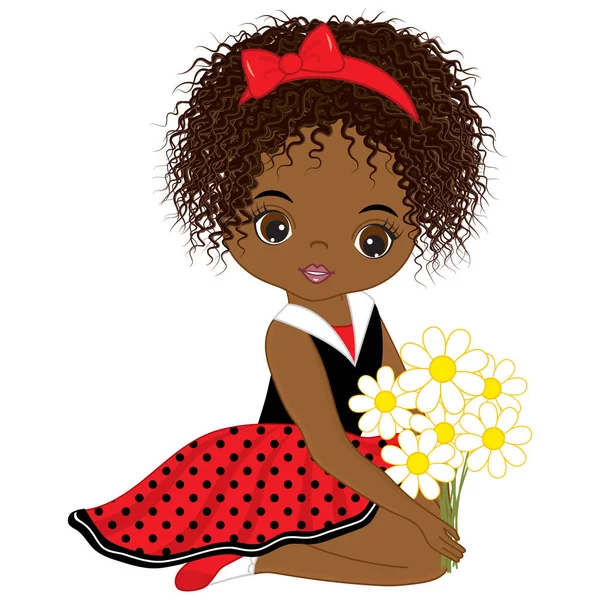 Vector bonito pequena menina afro-americana com flores — Vetor de Stock