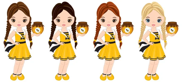 Διάνυσμα χαριτωμένα κοριτσάκια με διάφορα χρώματα τα μαλλιά, ντυμένοι με στυλ μέλισσα — Διανυσματικό Αρχείο