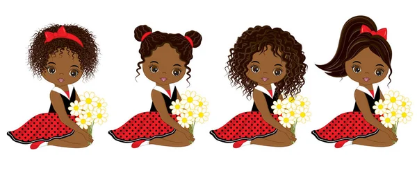 Vector Cute Little African American Girls dengan Berbagai Warna Rambut - Stok Vektor