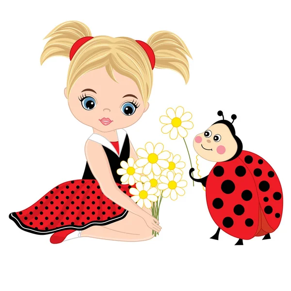 Vector Cute Little Girl with Ladybug and Flowers — Stock Vector