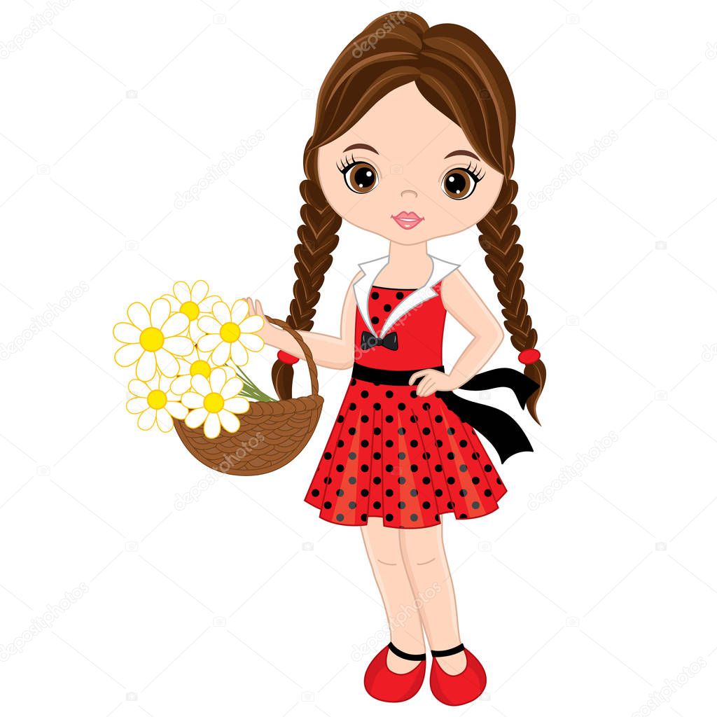 Vector Cute Little Girl with Basket of Flowers