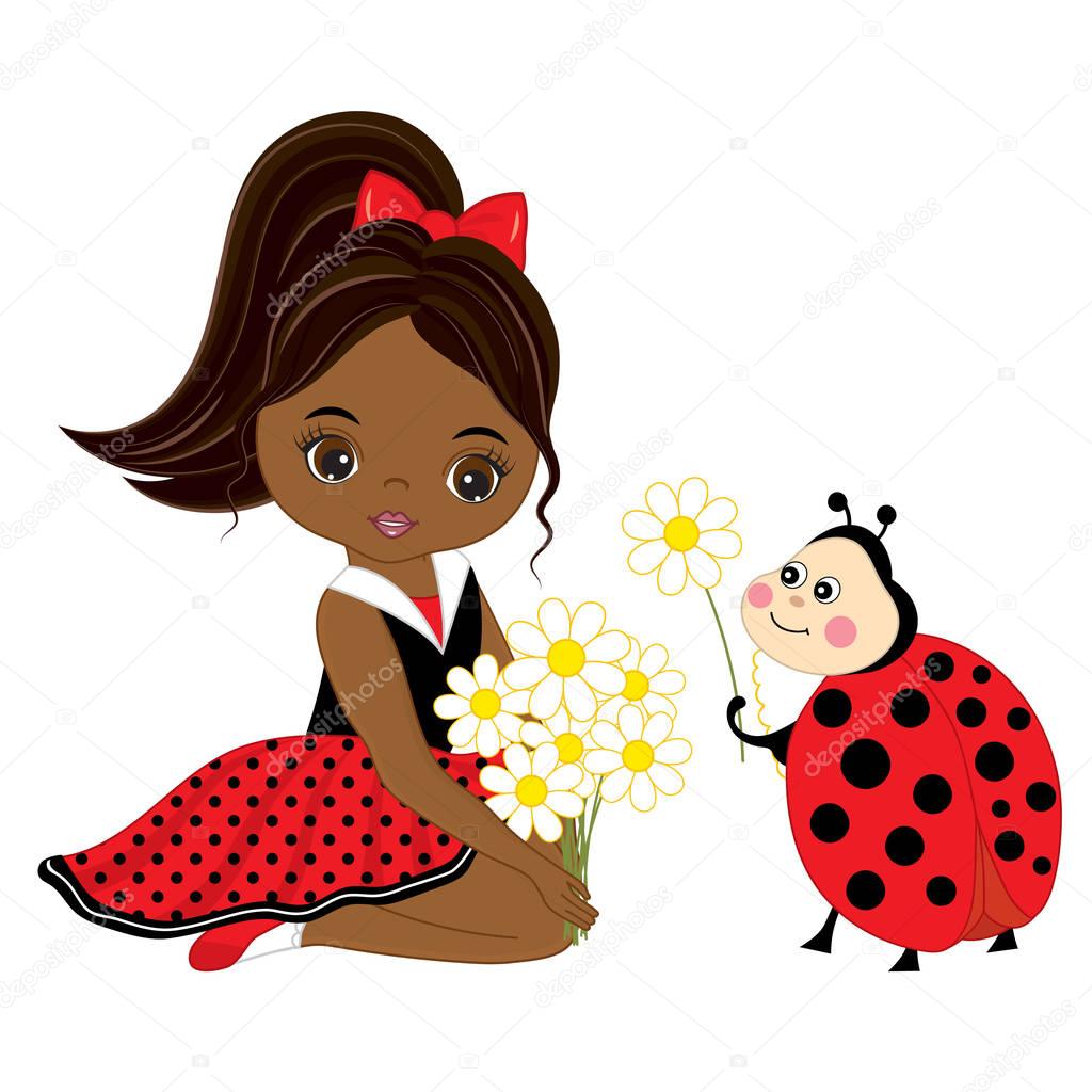 Vector Cute Little African American Girl with Ladybug and Flowers