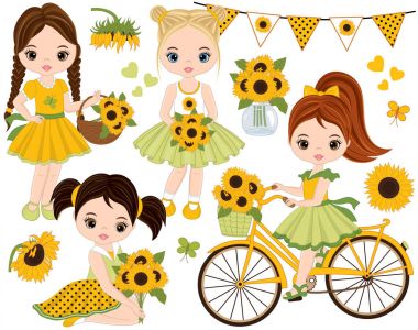Sevimli küçük kız, sepet ve ayçiçeği ile bisiklet ile vektör Set
