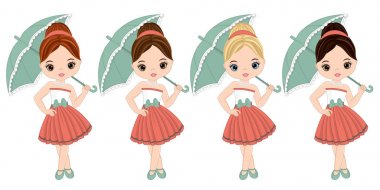 Vektör sevimli küçük kız ile çeşitli saç renkleri Retro tarzında