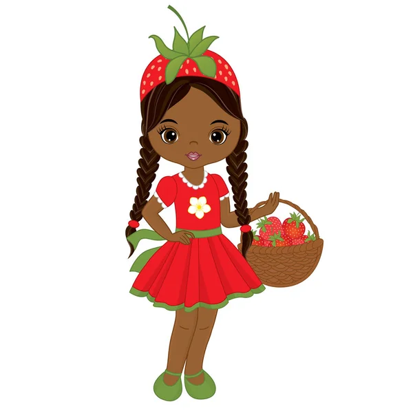 Vector linda niña afroamericana con cesta de fresas — Vector de stock