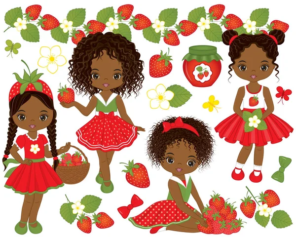 Vector Set with Cute Little African American Girls and Strawberries — Stock Vector