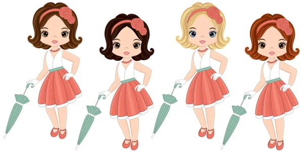 Petites filles mignonnes vectorielles avec diverses couleurs de cheveux dans un style rétro — Image vectorielle