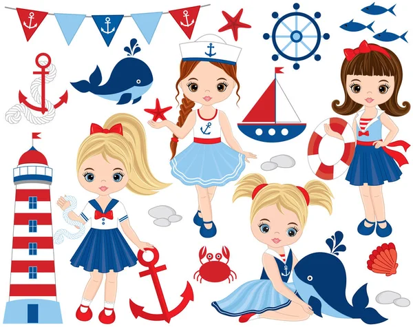 Vector Nautical Set with Cute Little Girls,  Whales, Lighthouse, Anchors and Crabs Vector Graphics