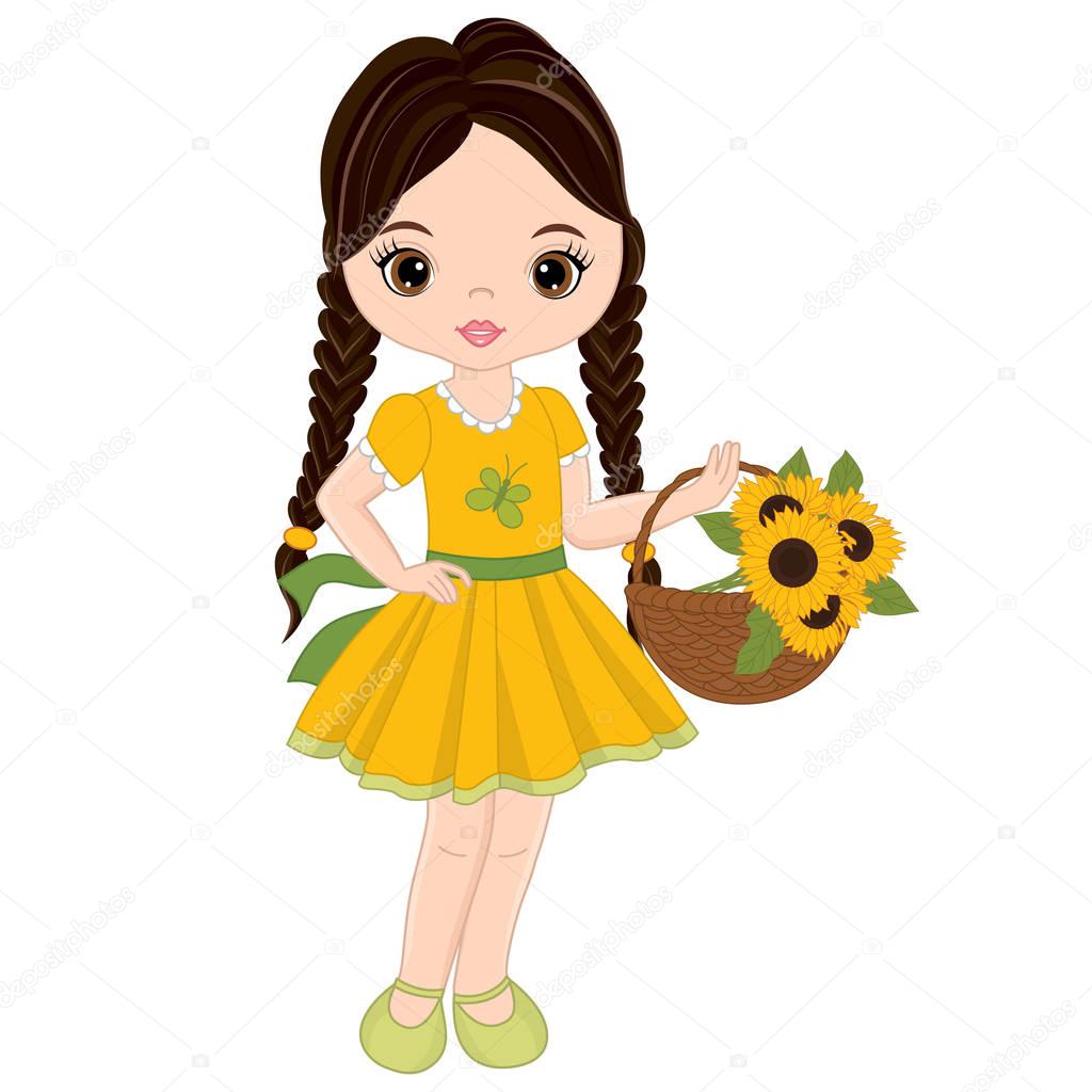 Vector Cute Little Girl with Basket of Sunflowers