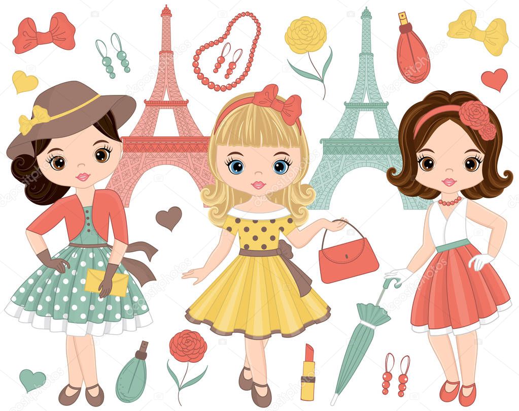 Vector Set with Cute Little Girls in Retro Style and Fashion Accessories