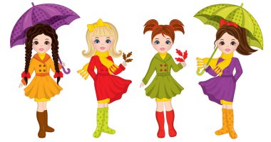 Vektör şemsiye ve yaprakları ile güzel sonbahar kız