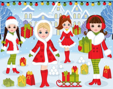 Güzel kızlar ve Xmas manzara ile vektör Noel ve yeni yıl ayarla
