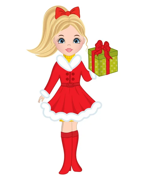 Vector Beautiful Young Girl with Christmas Gift — Stock Vector