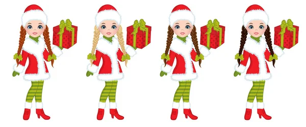 Vector Beautiful Young Girls with  Christmas Gifts — Stock Vector